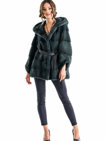 Olive Elegant Genuine Mink Fur Hooded Coat-2