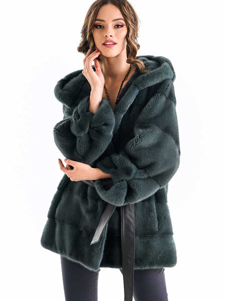 Olive Elegant Genuine Mink Fur Hooded Coat-0