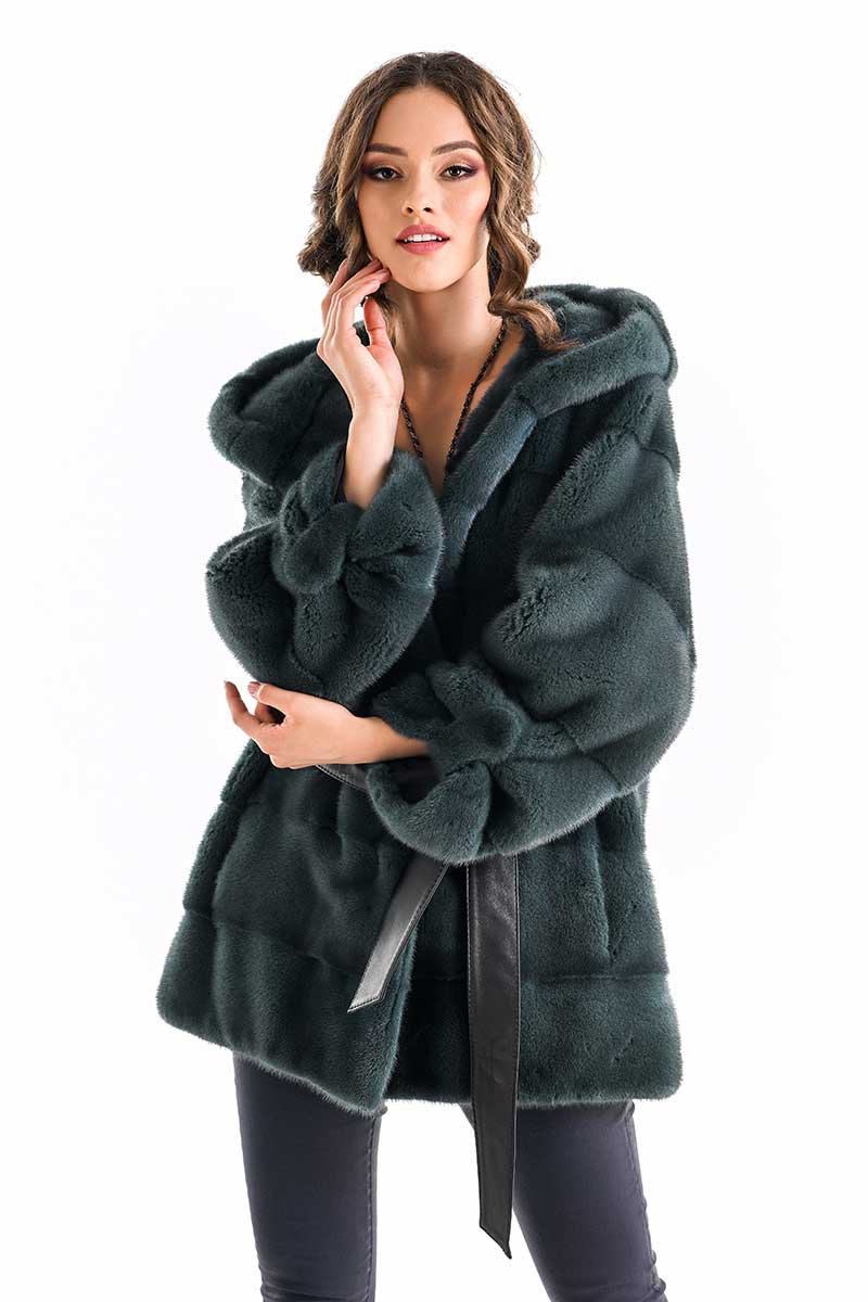 Vérène Beaumont — Olive Elegant Genuine Mink Fur Hooded Coat