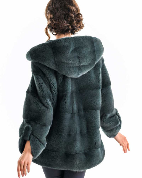 Olive Elegant Genuine Mink Fur Hooded Coat-1