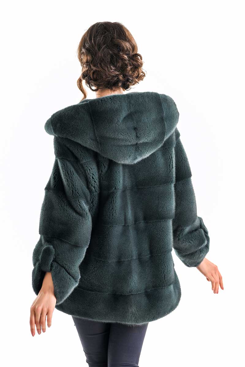 Vérène Beaumont — Olive Elegant Genuine Mink Fur Hooded Coat, alternate view 2