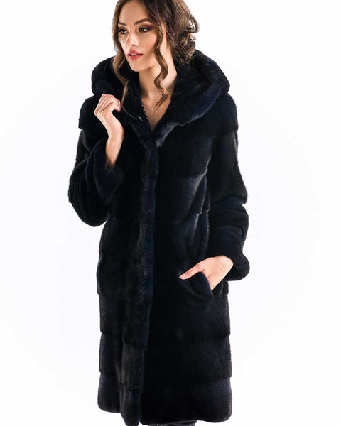 Navy Blue Genuine Mink Fur Hooded Maxi Coat-0