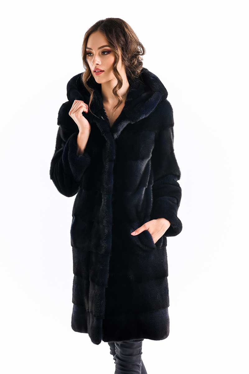 Althea Beaumont — Navy Blue Genuine Mink Fur Hooded Maxi Coat