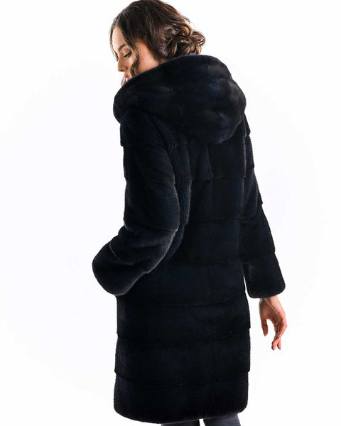 Navy Blue Genuine Mink Fur Hooded Maxi Coat-1