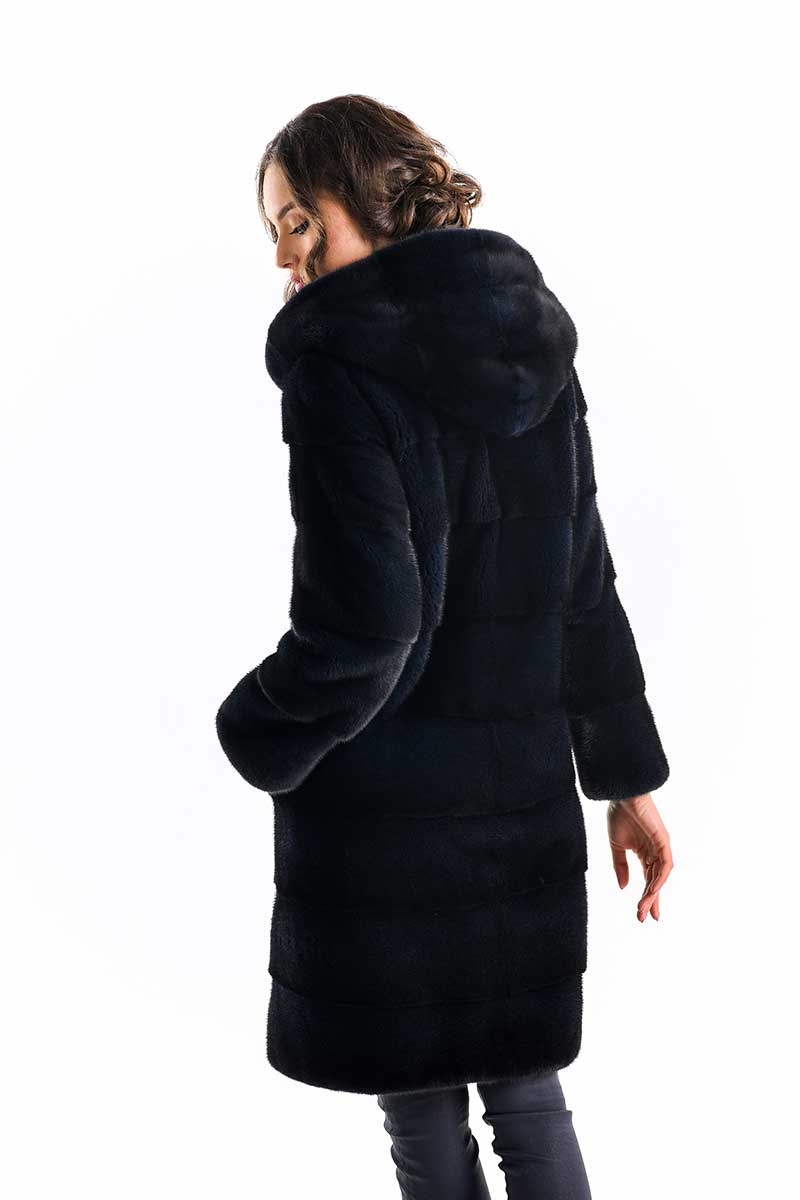 Althea Beaumont — Navy Blue Genuine Mink Fur Hooded Maxi Coat, alternate view 2