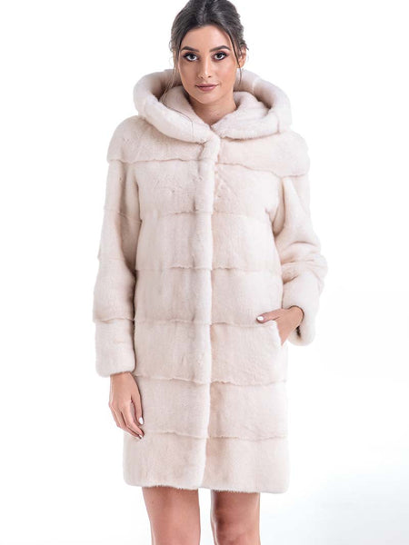 Luxury Ivory Natural Hooded Mink Fur Coat-0