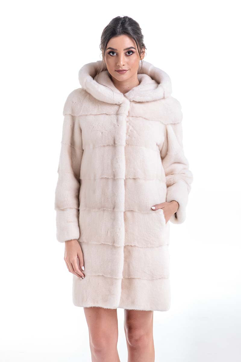 Coraline Rivière — Luxury Ivory Natural Hooded Mink Fur Coat