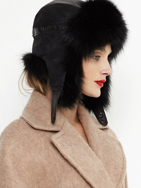 Black Genuine Arctic Fox Fur and Nappa Lamb Leather Hat-1