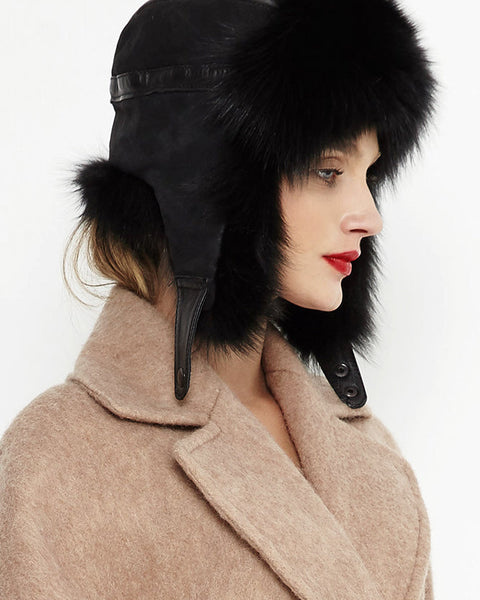 Black Genuine Arctic Fox Fur and Nappa Lamb Leather Hat-1