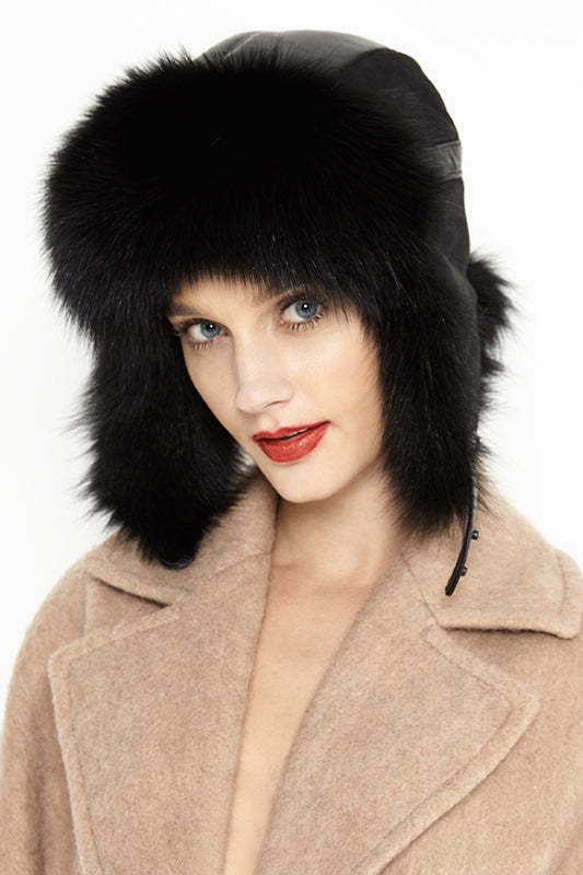 Priscilla Rivière — Black Genuine Arctic Fox Fur and Nappa Lamb Leather Hat Black Women's Coat or Jacket