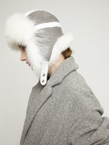 White Genuine Arctic Fox Fur and Nappa Lamb Leather Hat