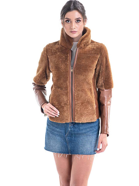 Cognac Lamb Shearling Leather Jacket-0