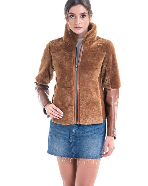 Cognac Lamb Shearling Leather Jacket-0
