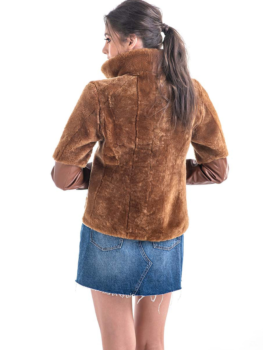Cognac Lamb Shearling Leather Jacket-2