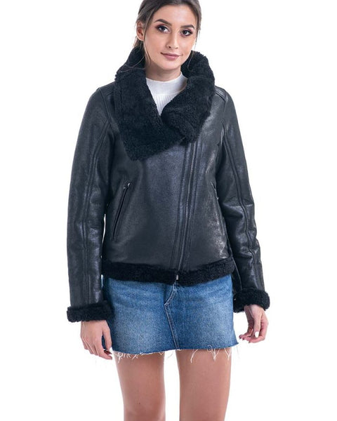 Black Shearling Leather Jacket with Merino Fur Detailing-0