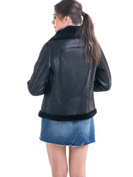 Black Shearling Leather Jacket with Merino Fur Detailing-1