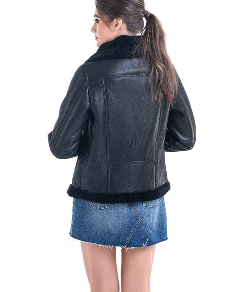 Black Shearling Leather Jacket with Merino Fur Detailing-1