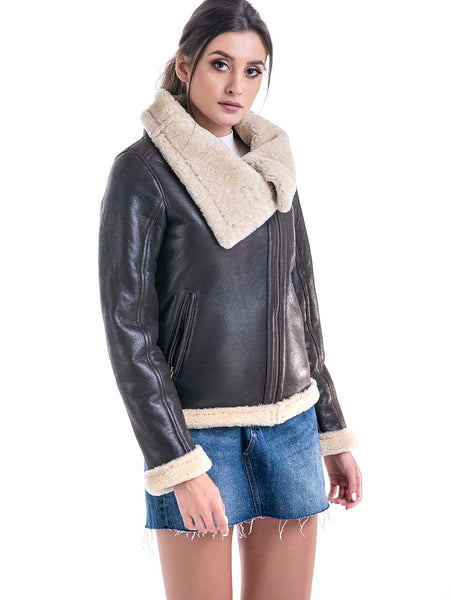 Brown Shearling Leather Jacket with Merino Fur Detailing-0