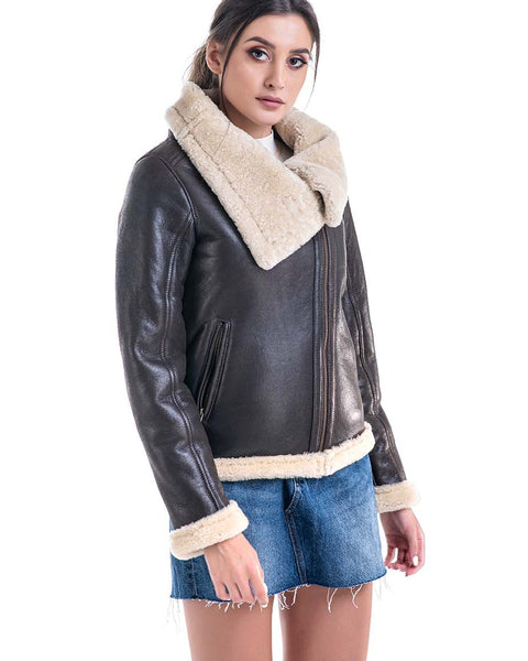 Brown Shearling Leather Jacket with Merino Fur Detailing-0