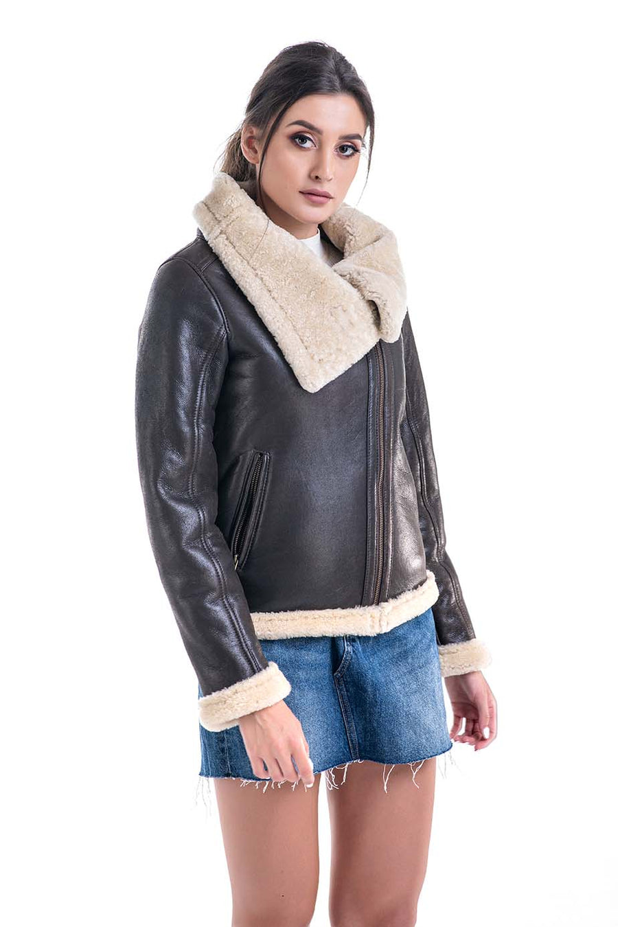 Marcelline Beaumont — Brown Shearling Leather Jacket with Merino Fur Detailing