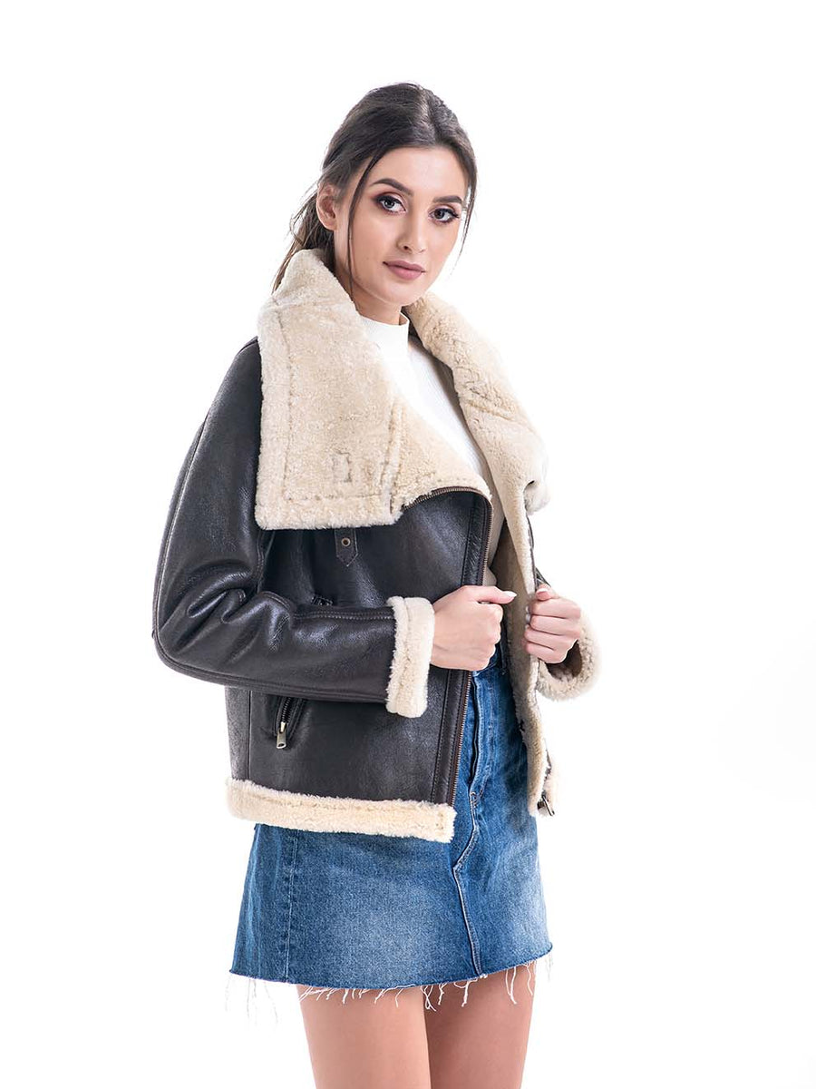 Brown Shearling Leather Jacket with Merino Fur Detailing-1