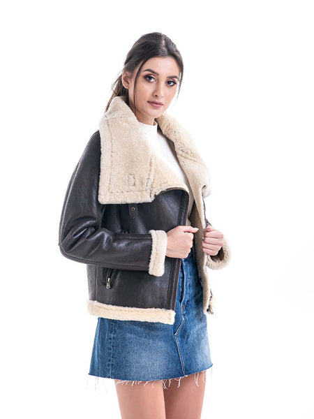 Brown Shearling Leather Jacket with Merino Fur Detailing-1