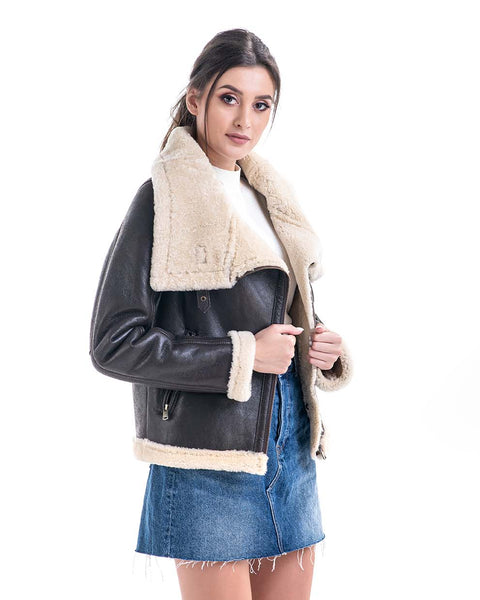 Brown Shearling Leather Jacket with Merino Fur Detailing-1