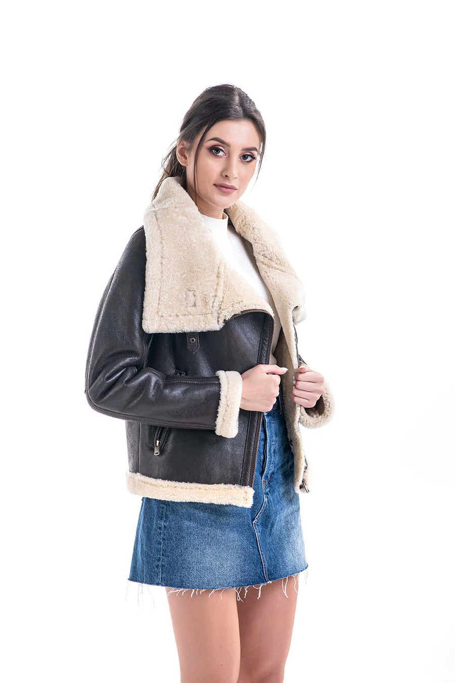Marcelline Beaumont — Brown Shearling Leather Jacket with Merino Fur Detailing, alternate view 2