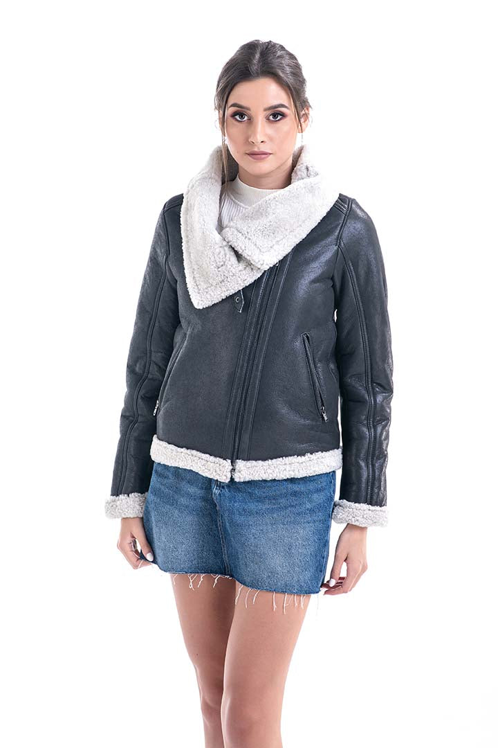 Petronella — Gray Shearling Leather Jacket with Merino Fur Detailing