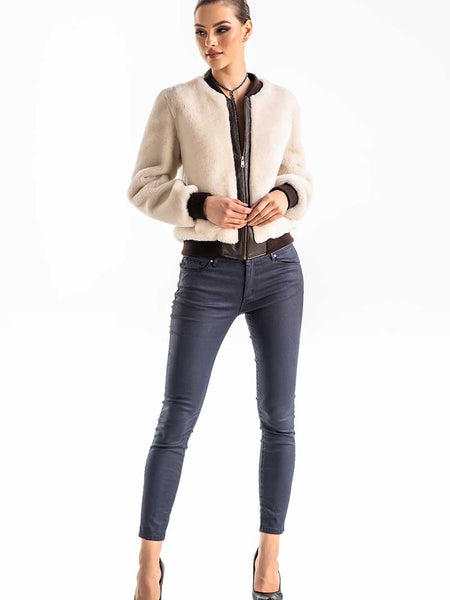 Beige Natural Sheepskin Mouton Fur Jacket-1