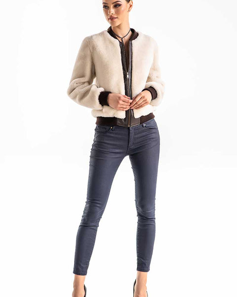 Beige Natural Sheepskin Mouton Fur Jacket-1