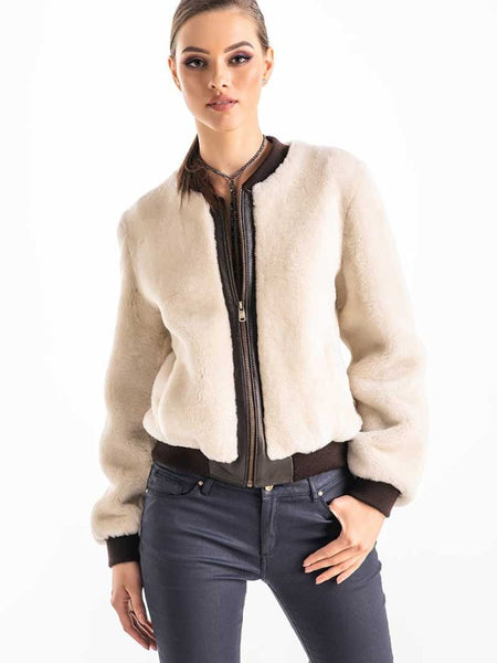 Beige Natural Sheepskin Mouton Fur Jacket-0