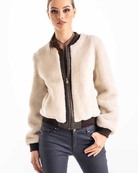 Beige Natural Sheepskin Mouton Fur Jacket-0
