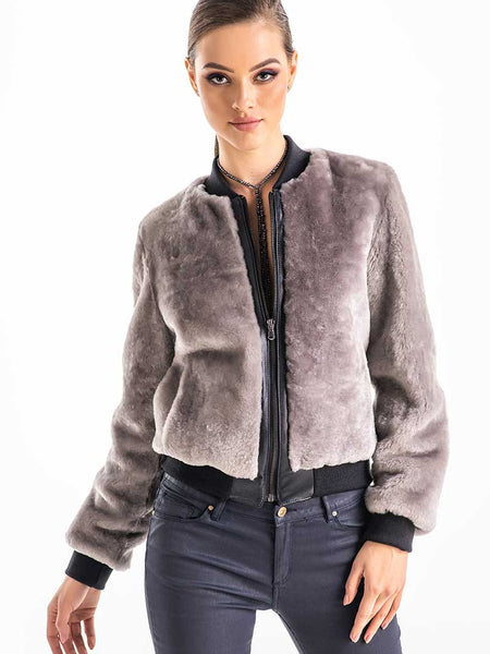 Gray Natural Sheepskin Mouton Fur Jacket-0