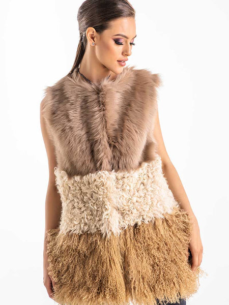 Beige Geniune Sheepskin Fur Vest-0