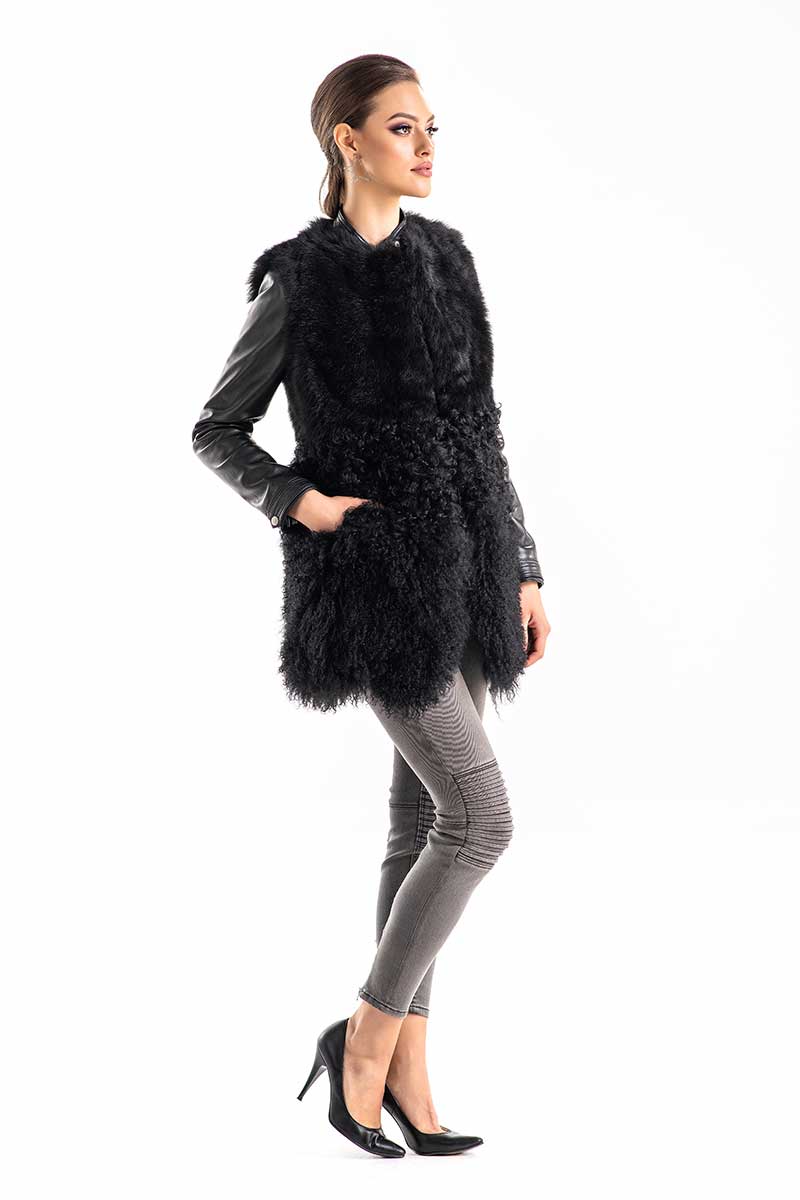 Katerina Rivière — Black Geniune Sheepskin Fur Vest Black Women's Coat or Jacket, alternate view 2