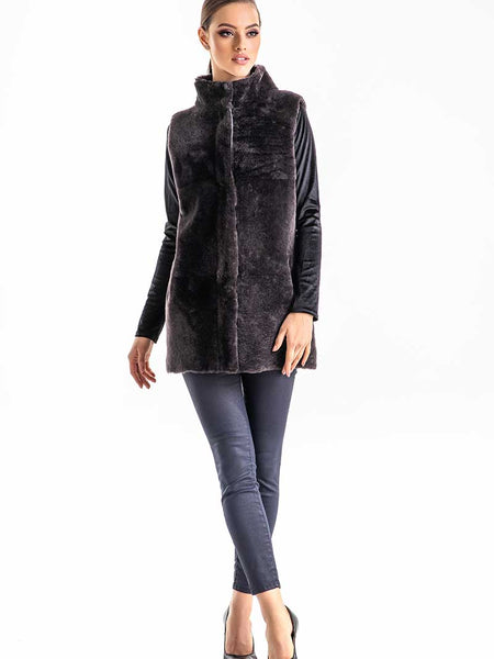 Gray Reversible Geniune Nappa Lamb Leather Mouton Fur Vest-2
