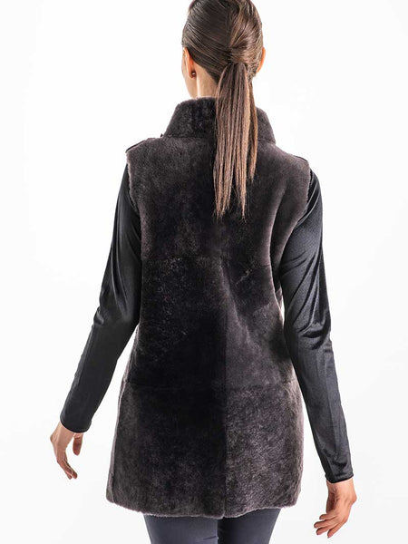 Gray Reversible Geniune Nappa Lamb Leather Mouton Fur Vest-1