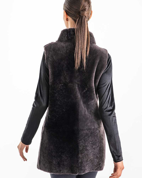 Gray Reversible Geniune Nappa Lamb Leather Mouton Fur Vest-1