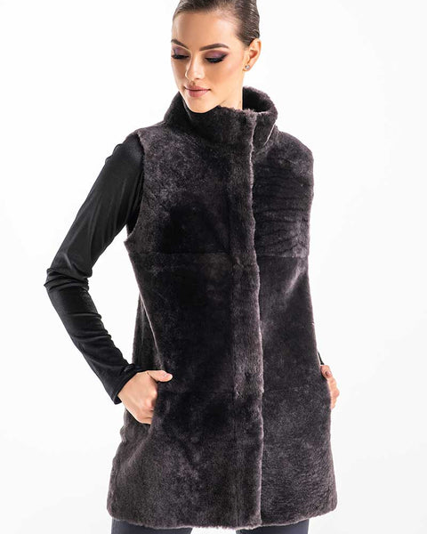 Gray Reversible Geniune Nappa Lamb Leather Mouton Fur Vest-0