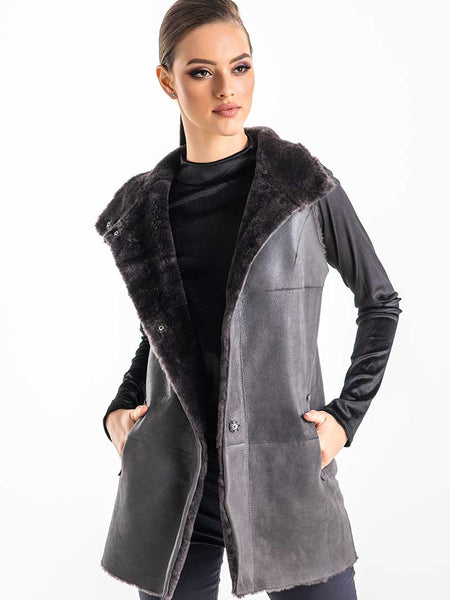 Gray Reversible Geniune Nappa Lamb Leather Mouton Fur Vest-3