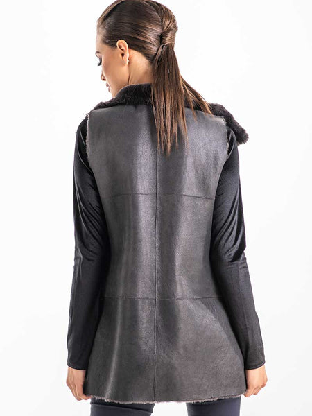Gray Reversible Geniune Nappa Lamb Leather Mouton Fur Vest-4