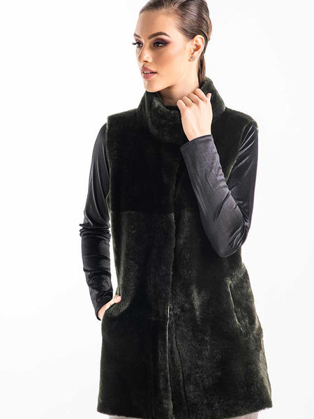 Olive Reversible Geniune Nappa Lamb Leather Mouton Fur Vest-0