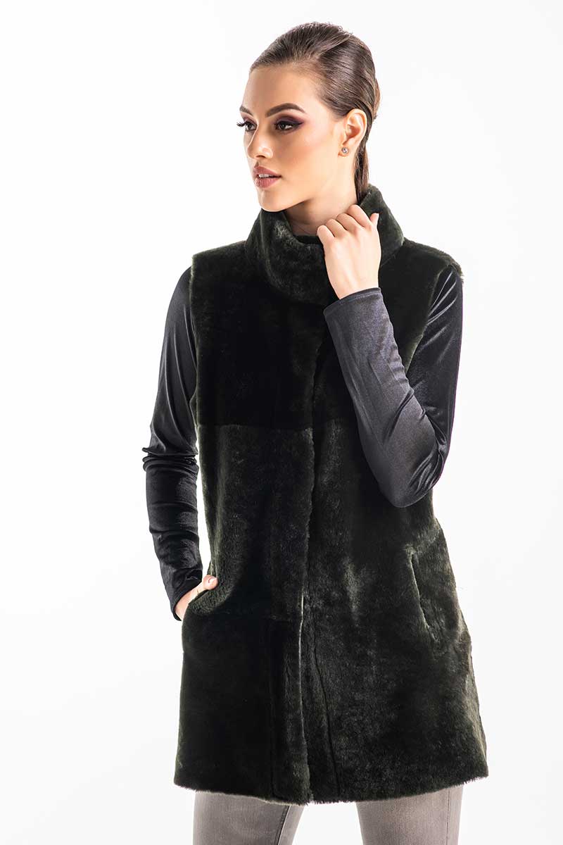Emmeline Rivière — Olive Reversible Geniune Nappa Lamb Leather Mouton Fur Vest Olive Women's Coat or Jacket