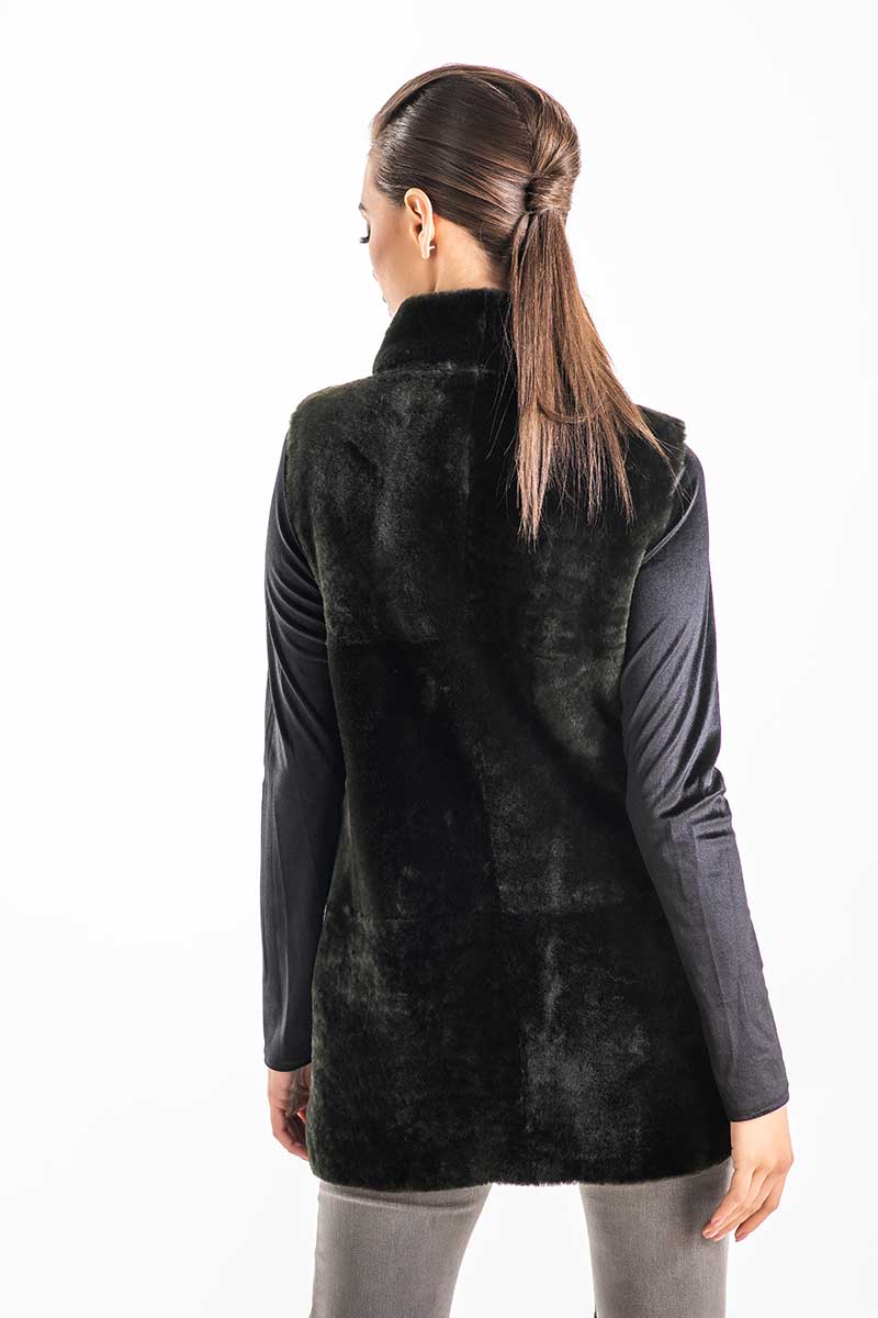Emmeline Rivière — Olive Reversible Geniune Nappa Lamb Leather Mouton Fur Vest Olive Women's Coat or Jacket, alternate view 2