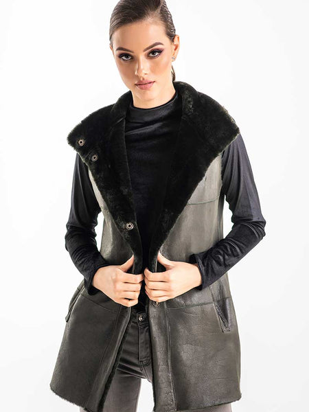 Olive Reversible Geniune Nappa Lamb Leather Mouton Fur Vest-2