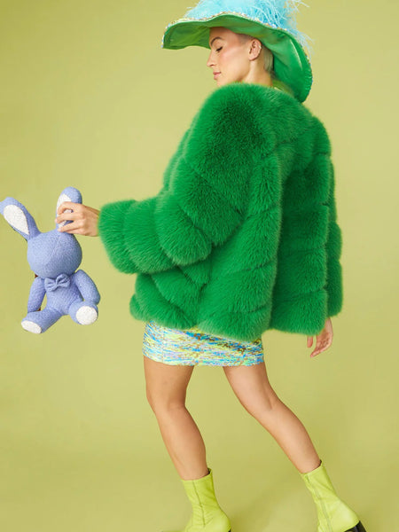 Gaga Faux Fur Striped Green Coat-3