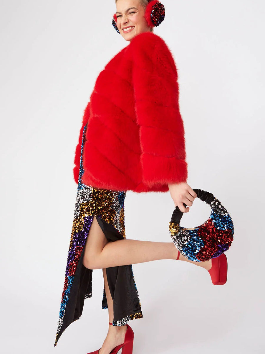 Gaga Faux Fur Striped Red Coat