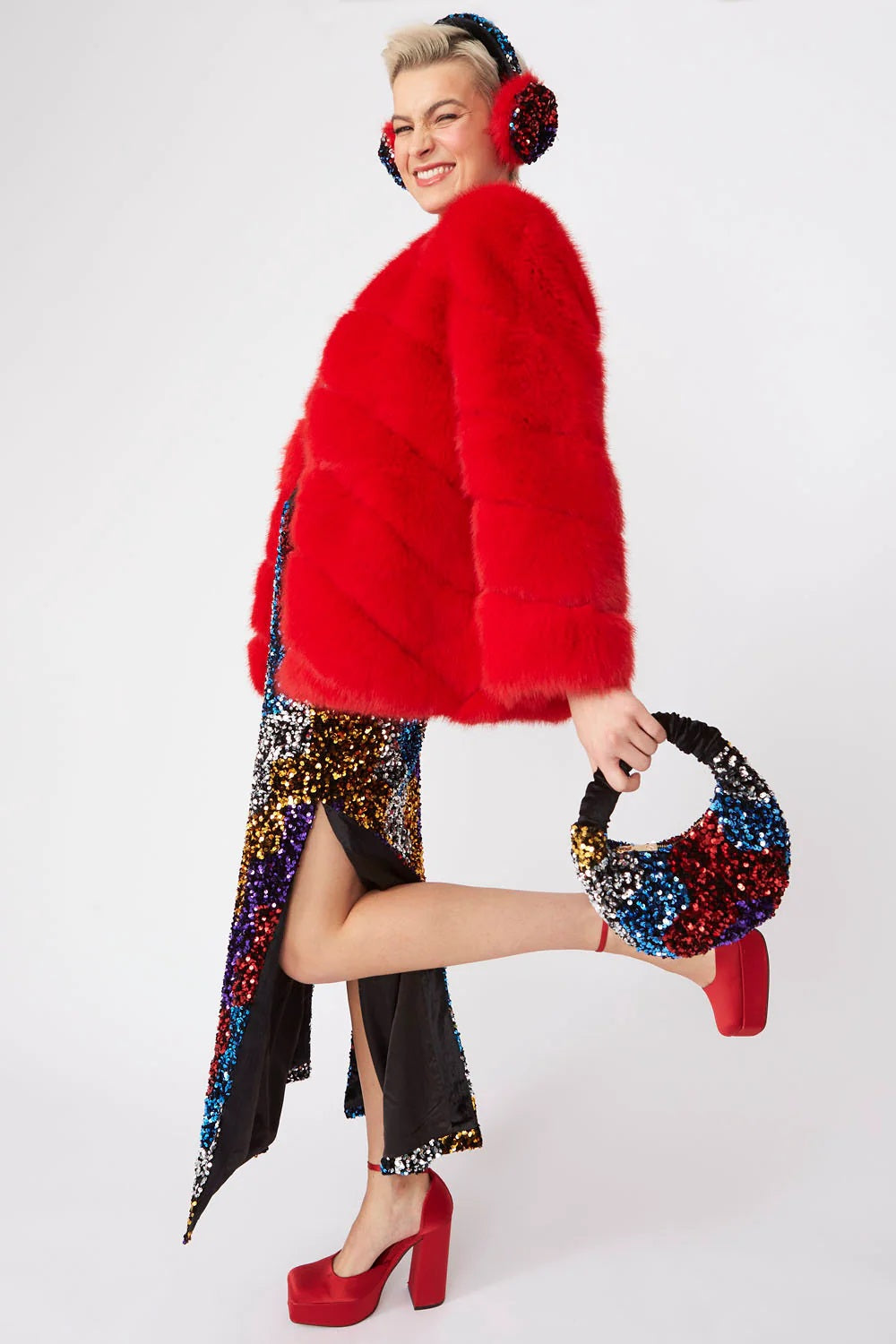 Gaga — Faux Fur Striped Red Coat, alternate view 2