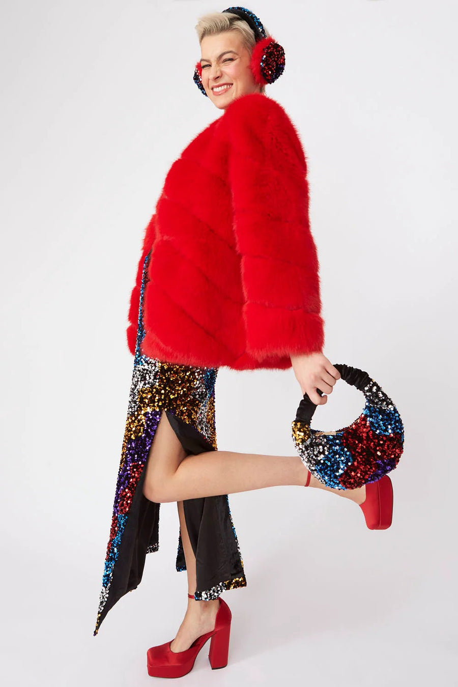 Gaga — Faux Fur Striped Red Coat, alternate view 2
